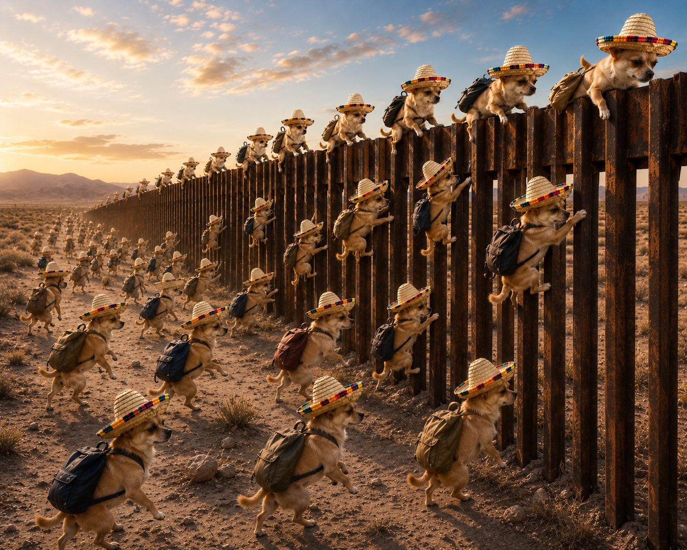 Army of sombrero-wearing chihuahuas with backpacks crossing the border at sunset