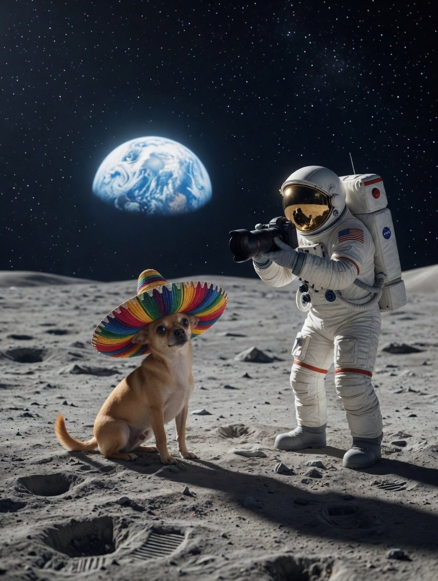 Astronaut photographing sombrero chihuahua on the moon