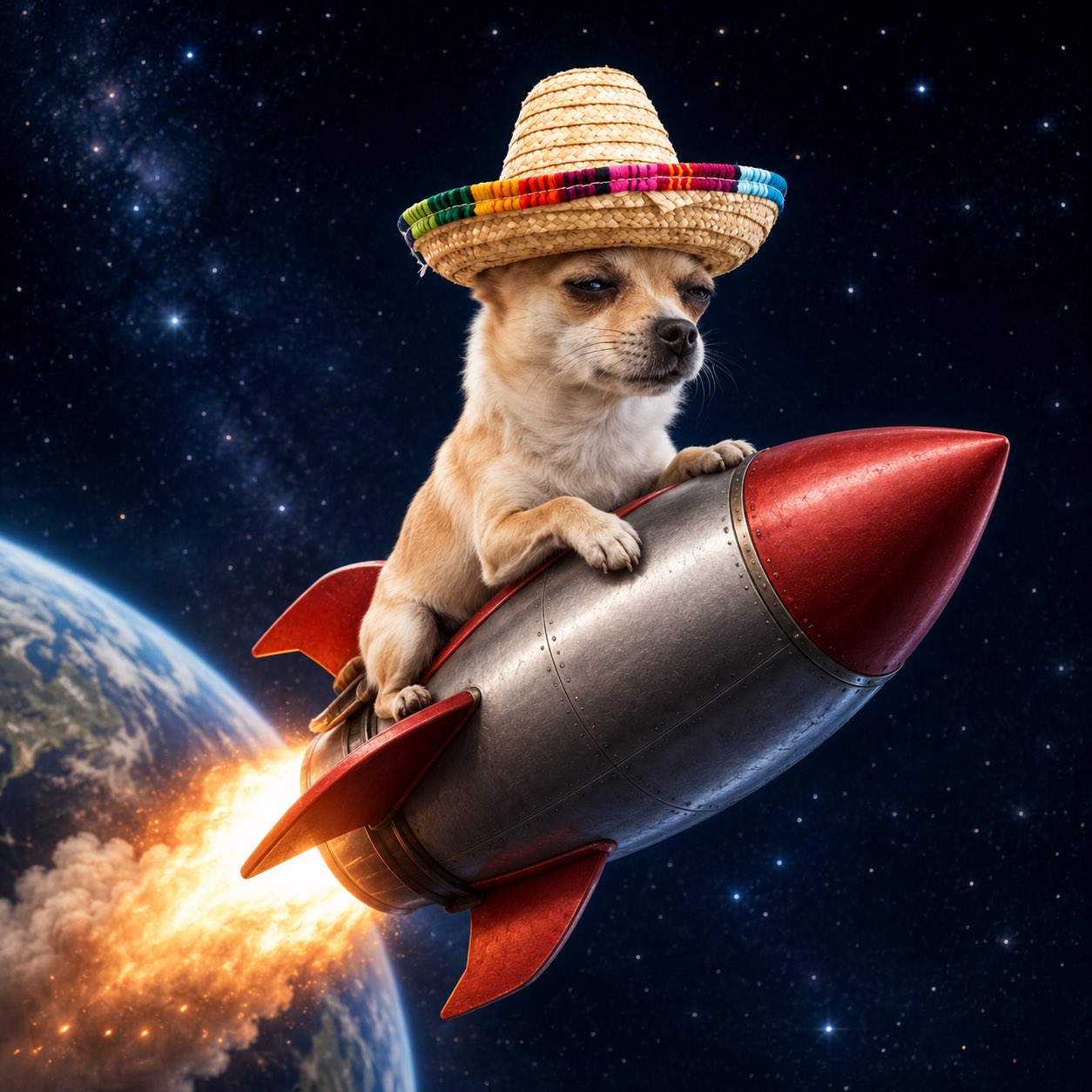 Chihuahua riding a rocket